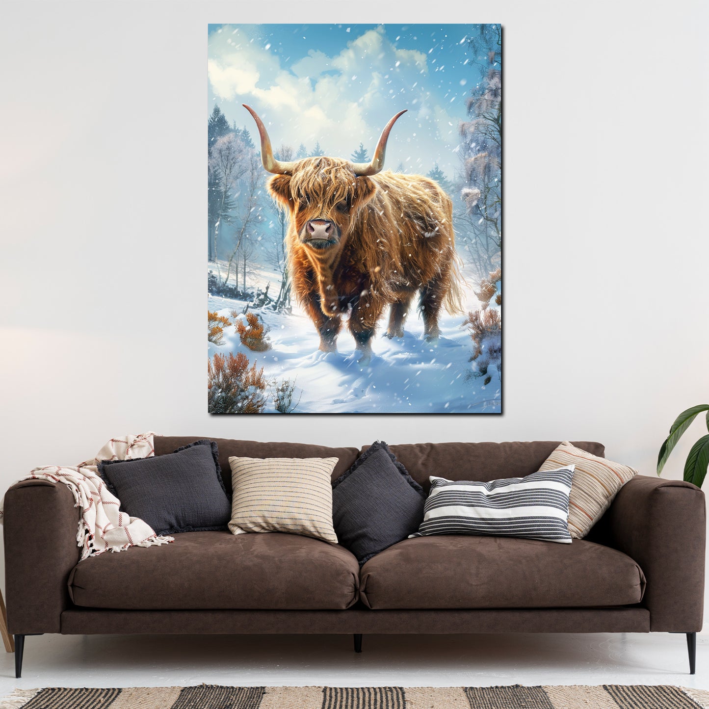 Mucca highland paesaggio innevato foresta quadro