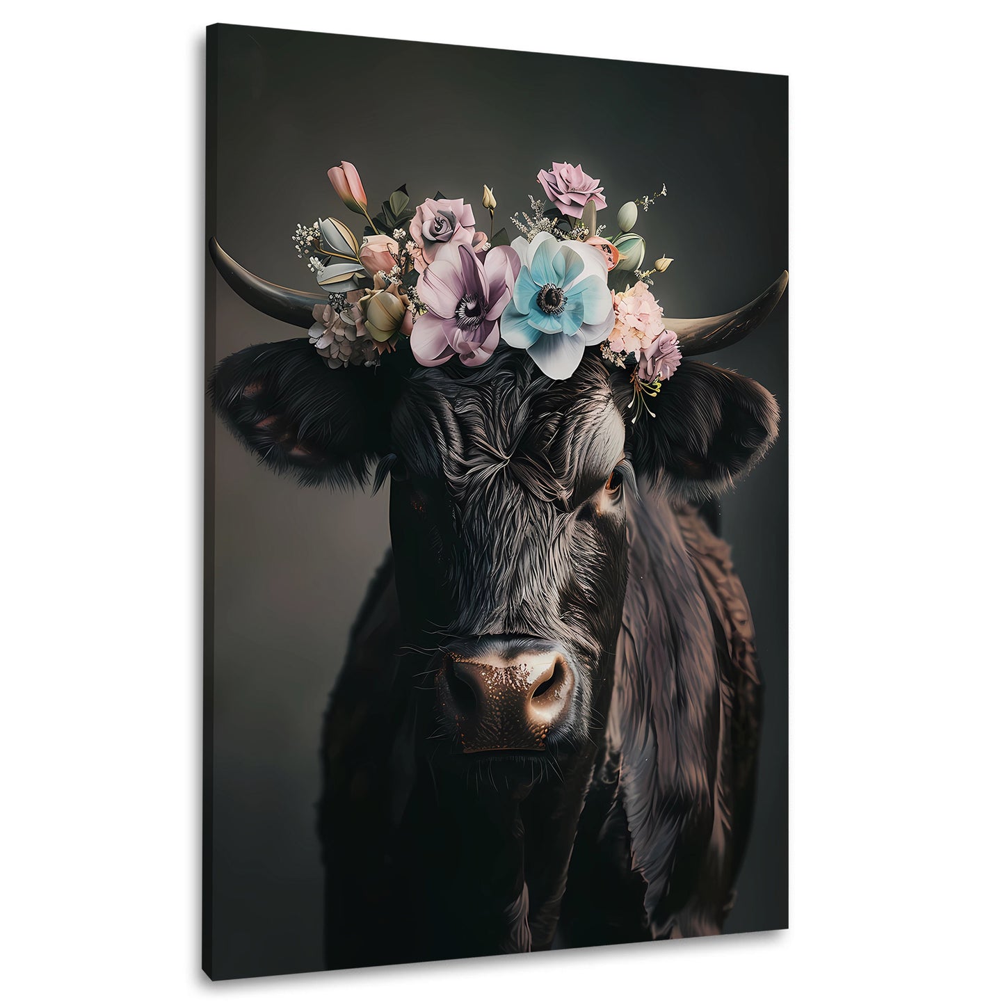 Mucca nera con corona di fiori quadro