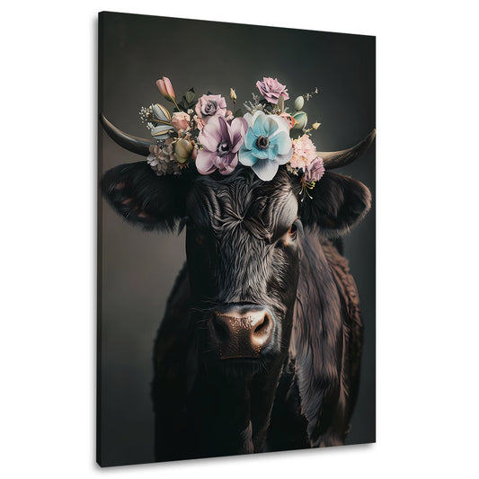Mucca nera con corona di fiori quadro
