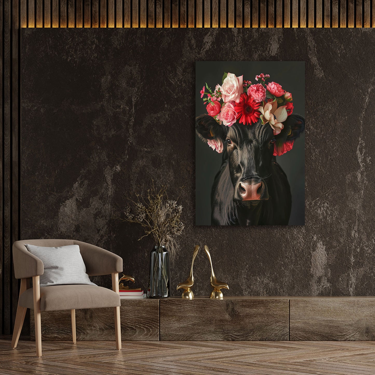 Mucca nera con corona di fiori rossi quadro
