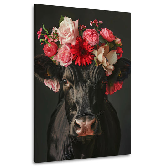 Mucca nera con corona di fiori rossi quadro