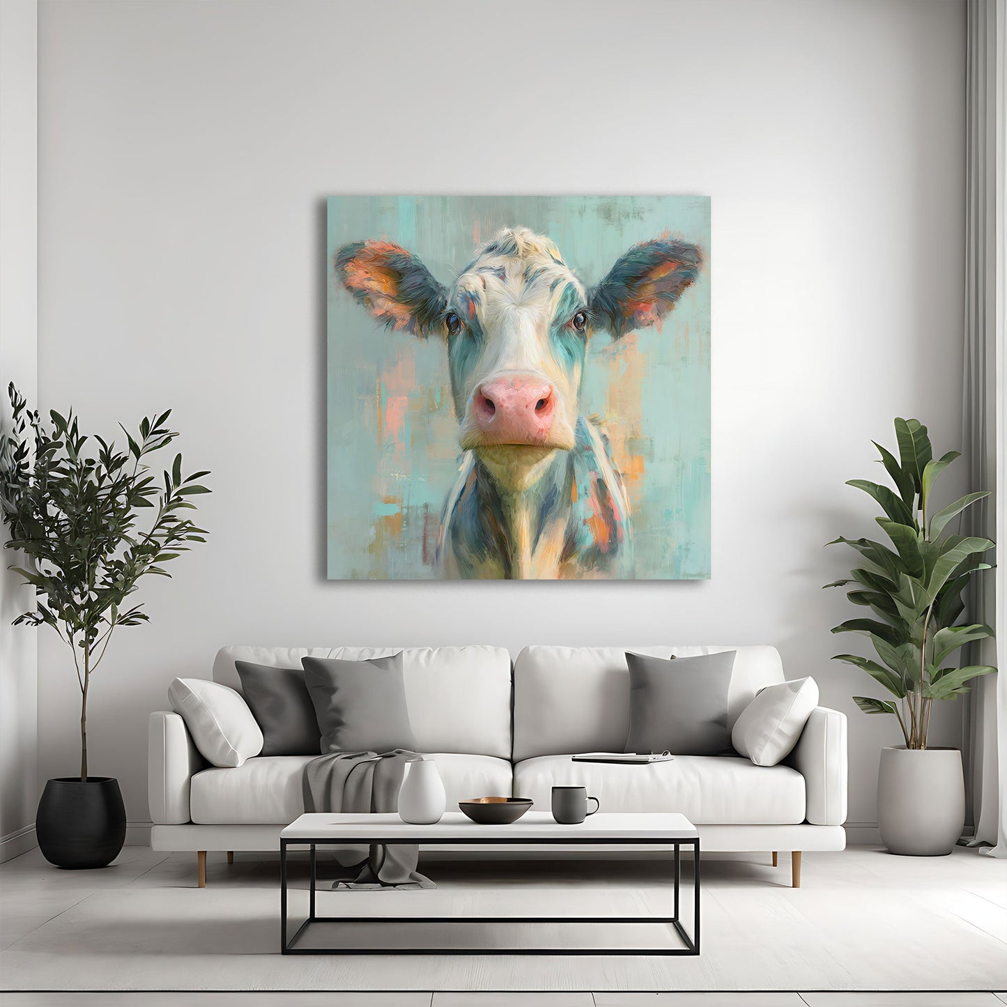 Mucca ritratto olio con palette cromatica vivace quadro