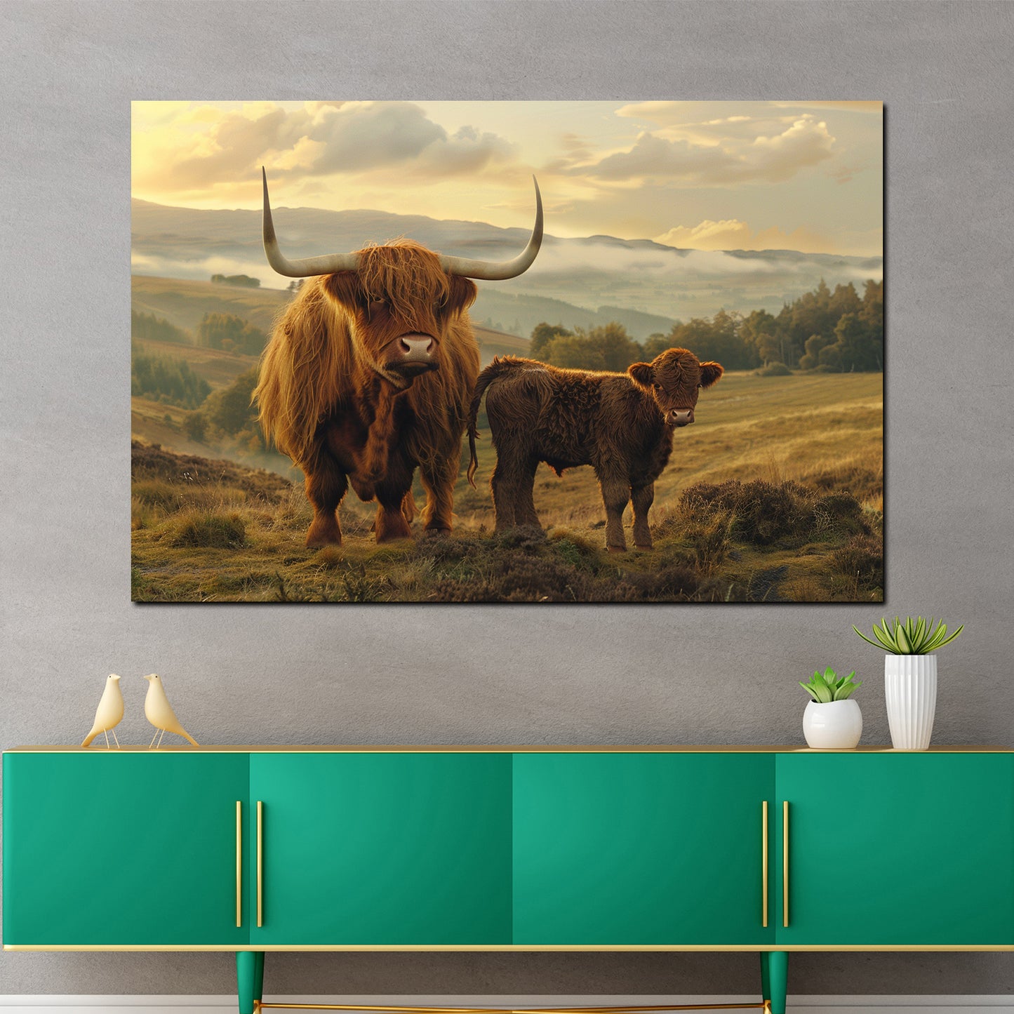 Mucche highland paesaggio montano mattutino quadro