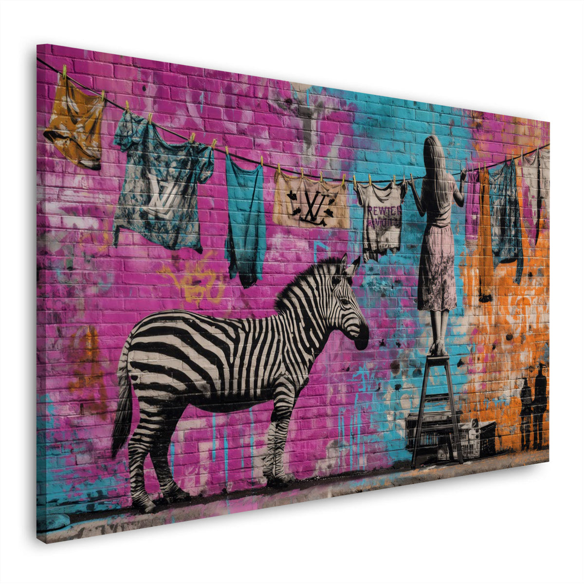 Muro con graffiti art zebra ragazza stendibiancheria moda quadro