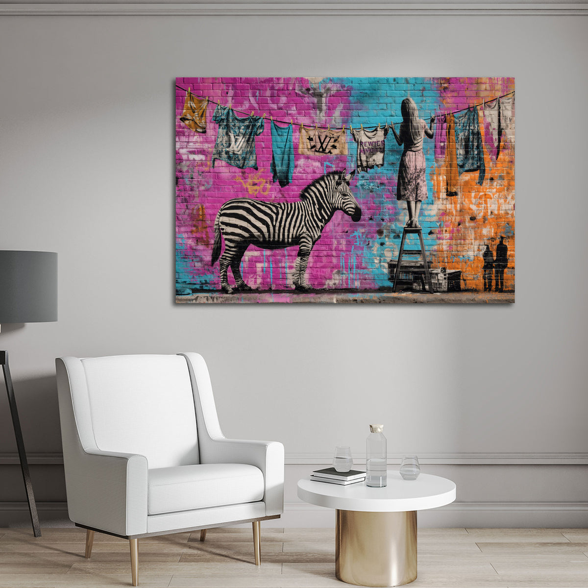 Muro con graffiti art zebra ragazza stendibiancheria moda quadro