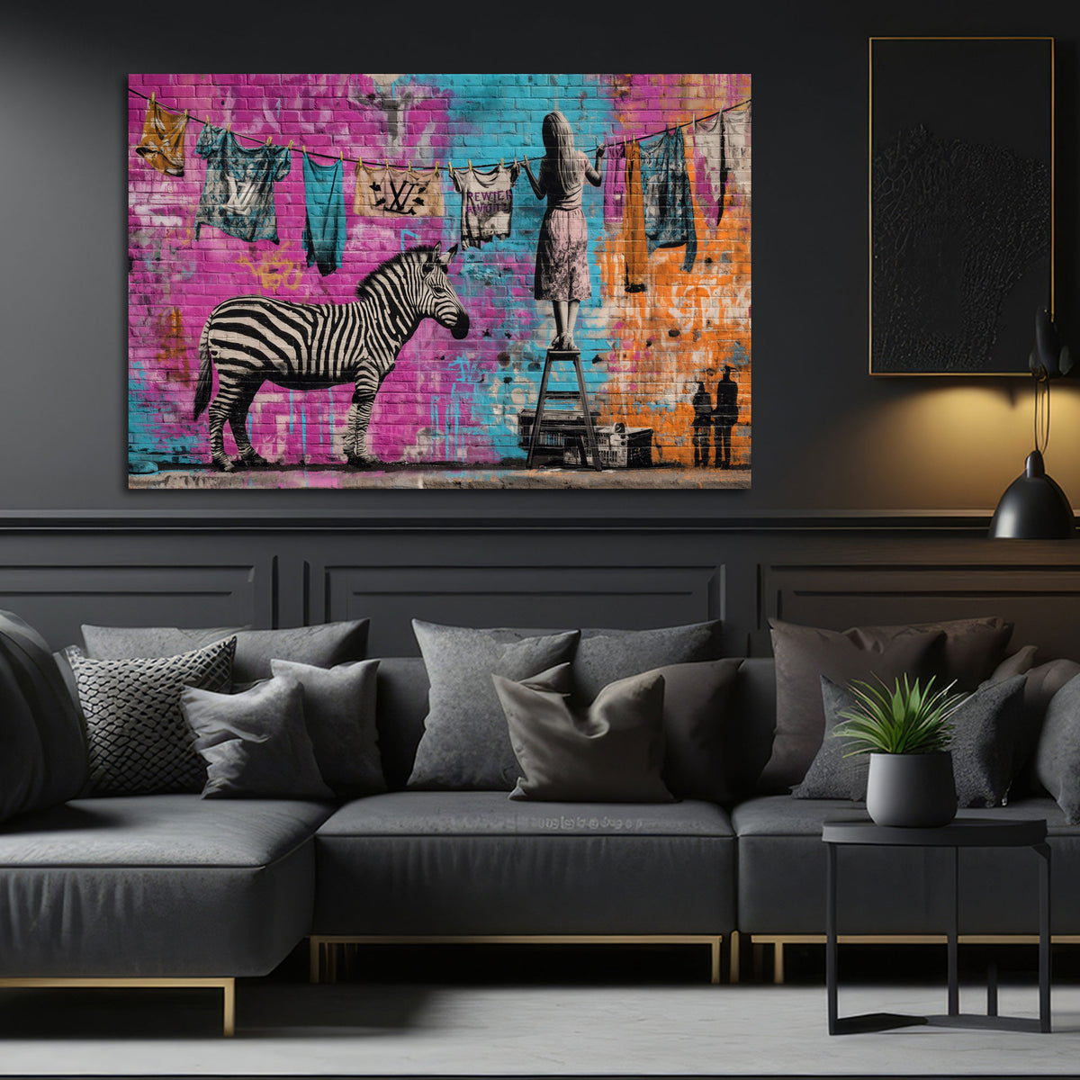 Muro con graffiti art zebra ragazza stendibiancheria moda quadro