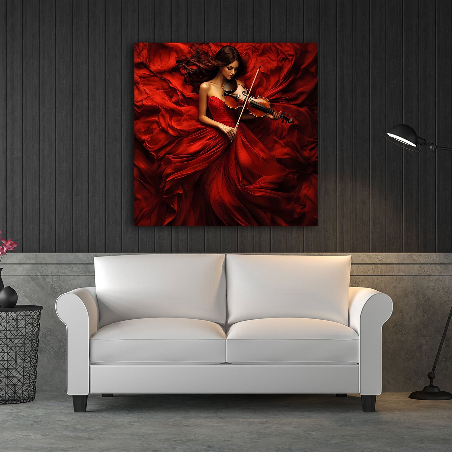 Musica arte donna violino vestito rosso quadro