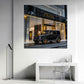 Negozio moda con un'auto di lusso Classe G di notte quadro