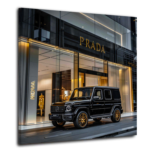 Negozio moda con un'auto di lusso Classe G di notte quadro