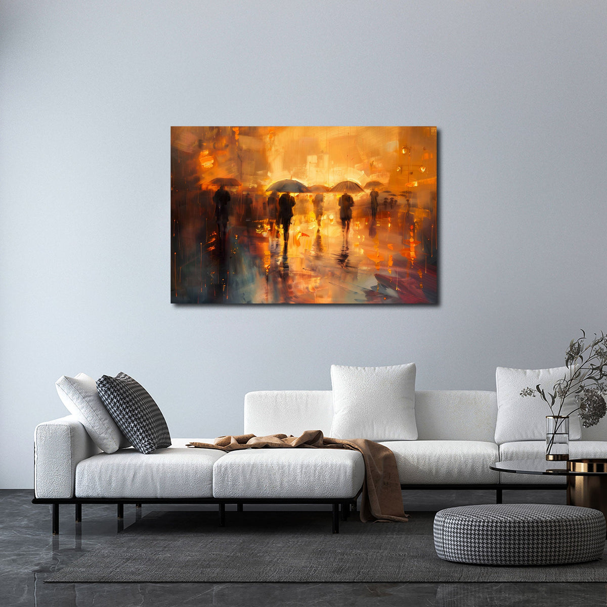 Ombrelli nella luce dorata su strada bagnata astratto quadro