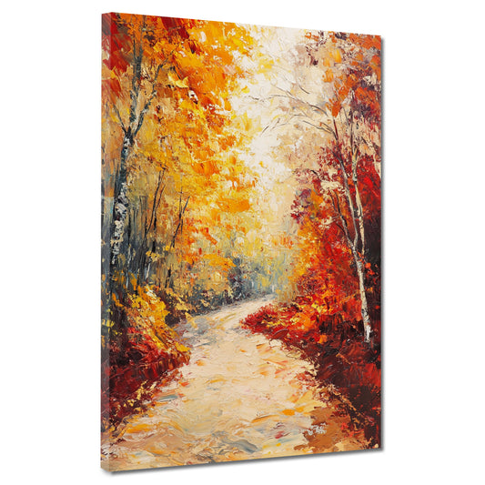 Paesaggio autunnale sentiero foglie dorate luce calda quadro