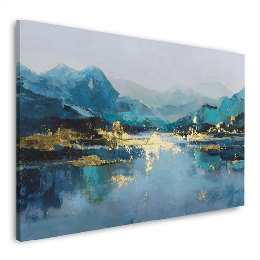 Paesaggio lago montagne astratto blu turchese accenti oro quadro