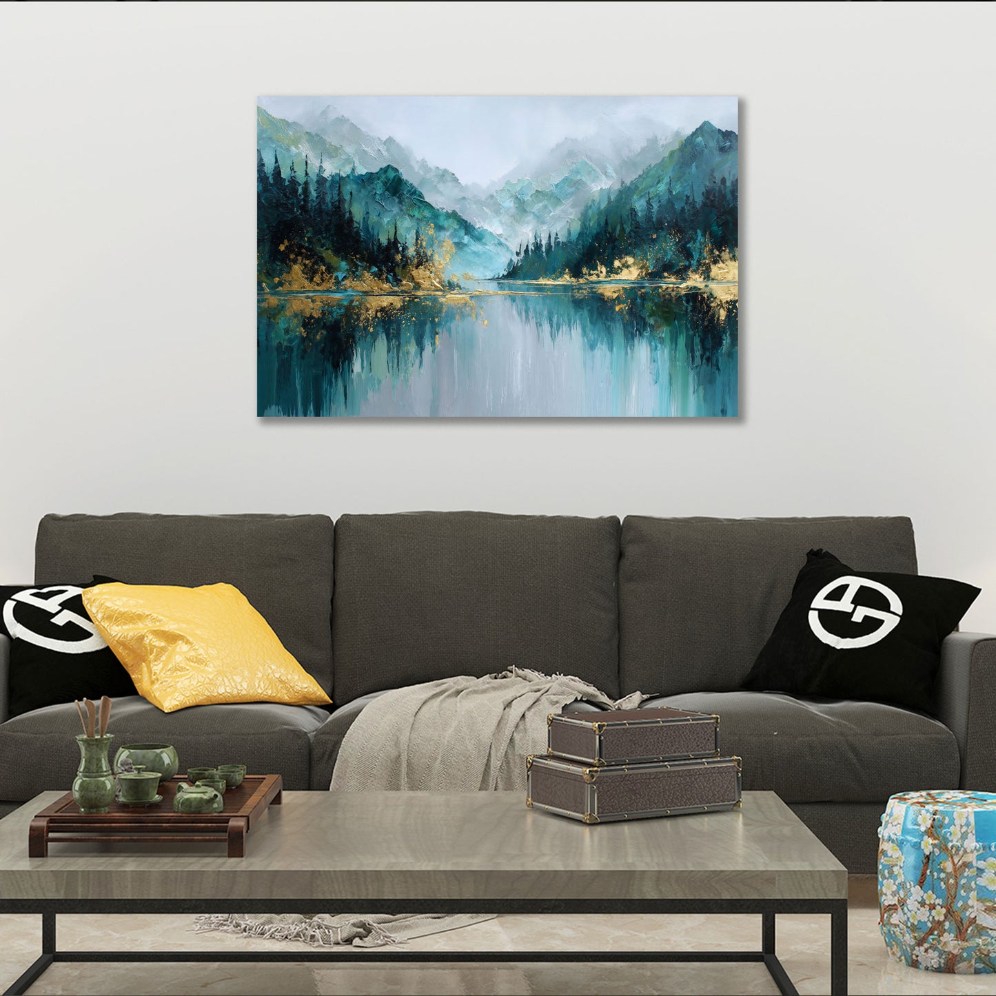 Paesaggio lago montagne astratto blu turchese accenti oro quadro