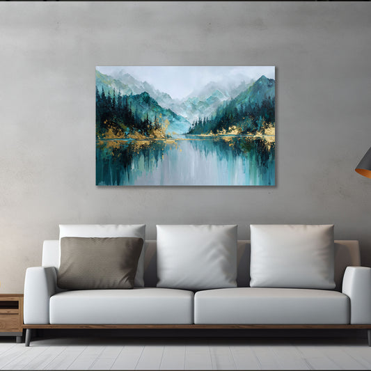 Paesaggio lago montagne astratto blu turchese accenti oro quadro