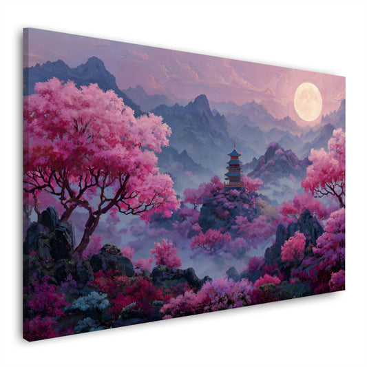 Pagoda giapponese con fiori di ciliegio e luna piena quadro