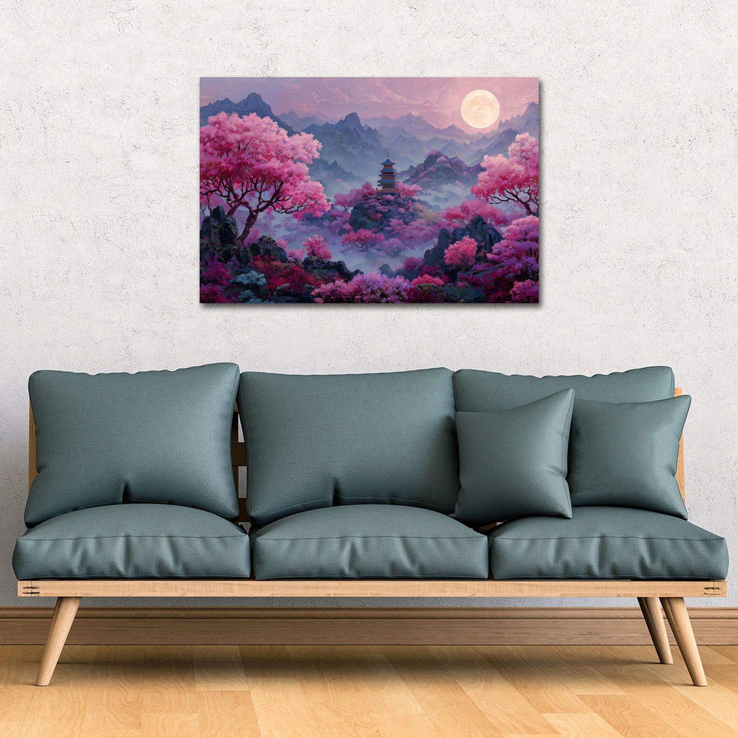 Pagoda giapponese con fiori di ciliegio e luna piena quadro