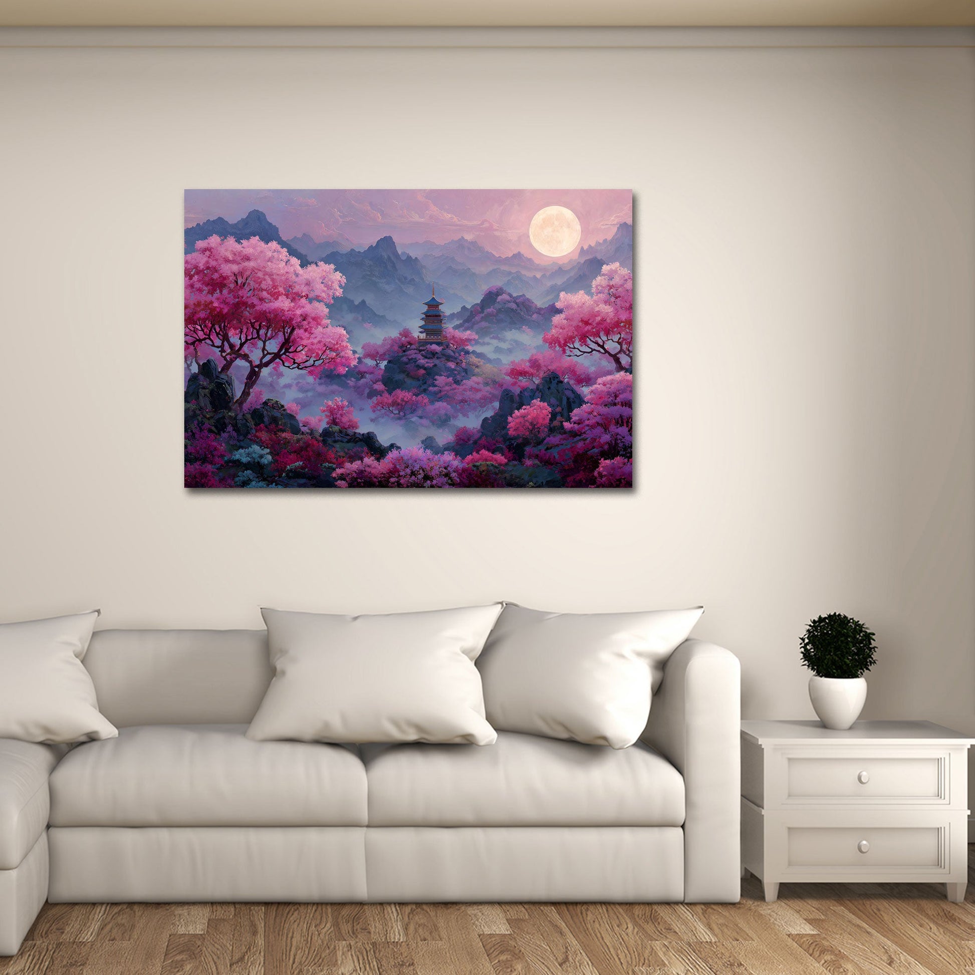 Pagoda giapponese con fiori di ciliegio e luna piena quadro