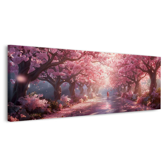 Panorama di ciliegi in fiore con viale e lampioni quadro