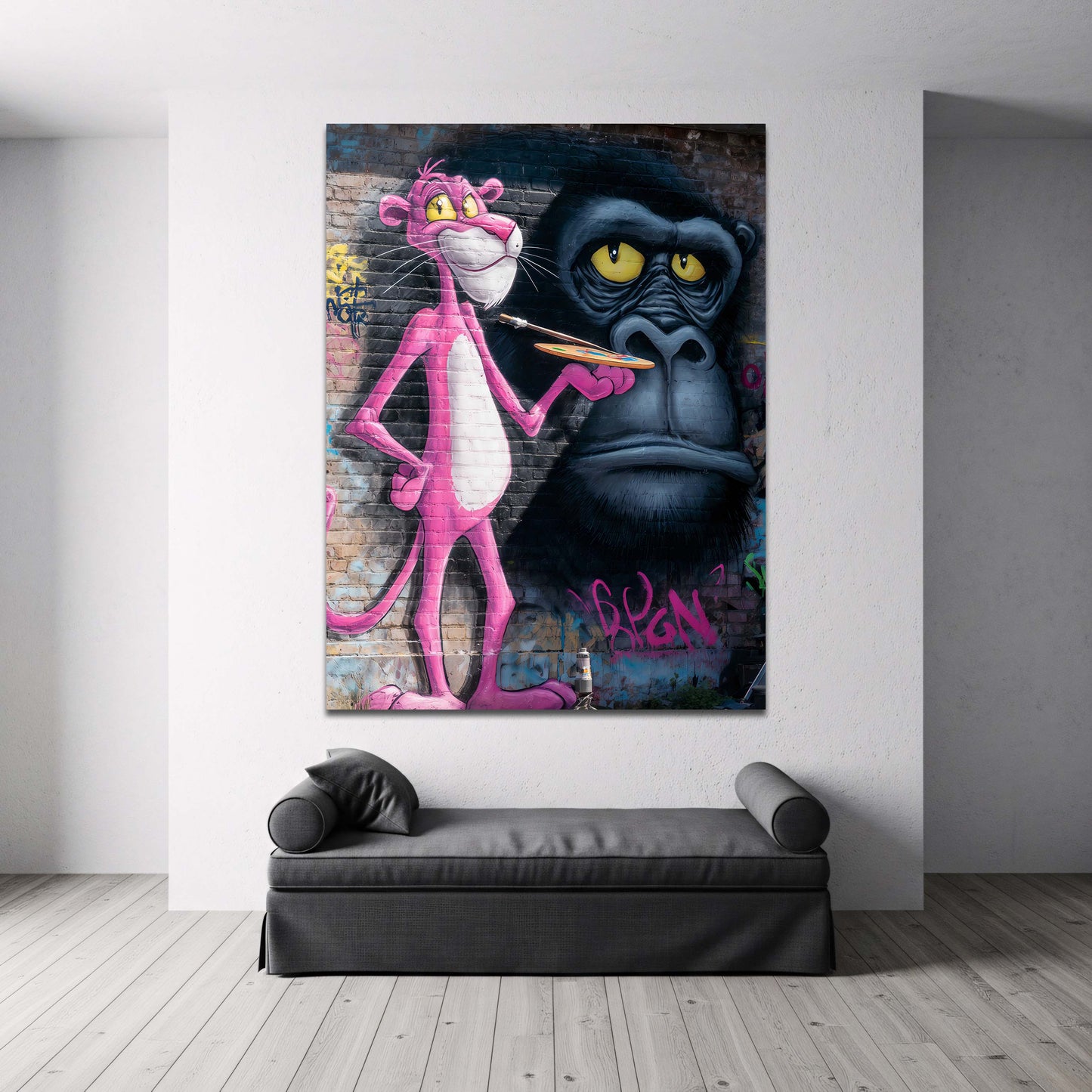 Pantera Rosa artista con gorilla su muro graffiti urbano quadro