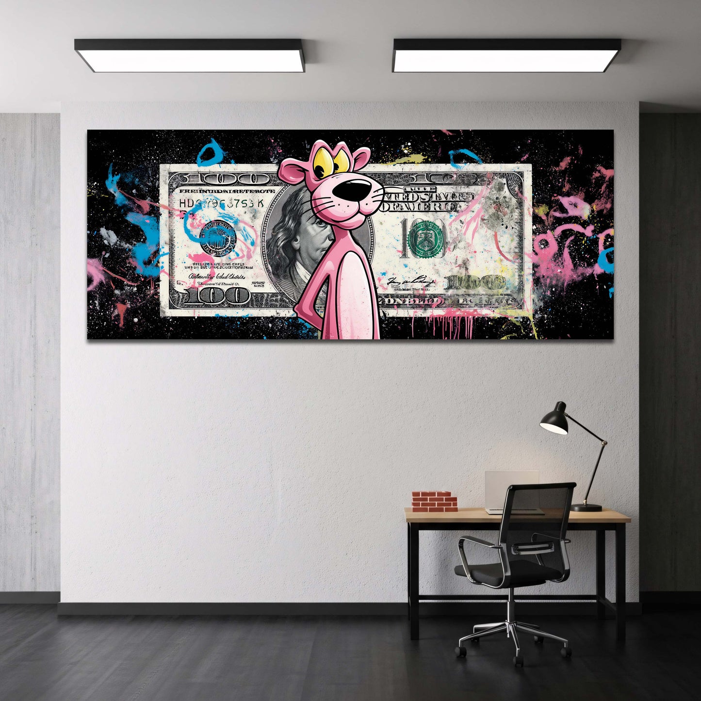 Pantera Rosa davanti a banconota su sfondo nero graffiti quadro