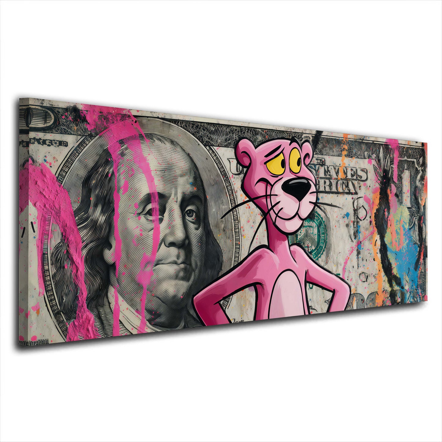 Pantera Rosa in piedi sul dollaro con Benjamin Franklin quadro