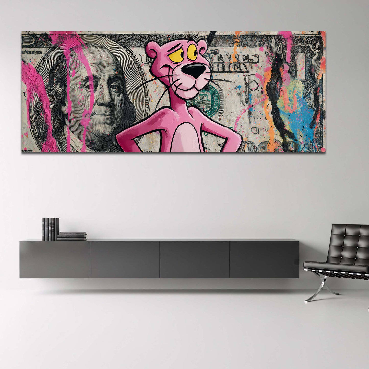 Pantera Rosa in piedi sul dollaro con Benjamin Franklin quadro