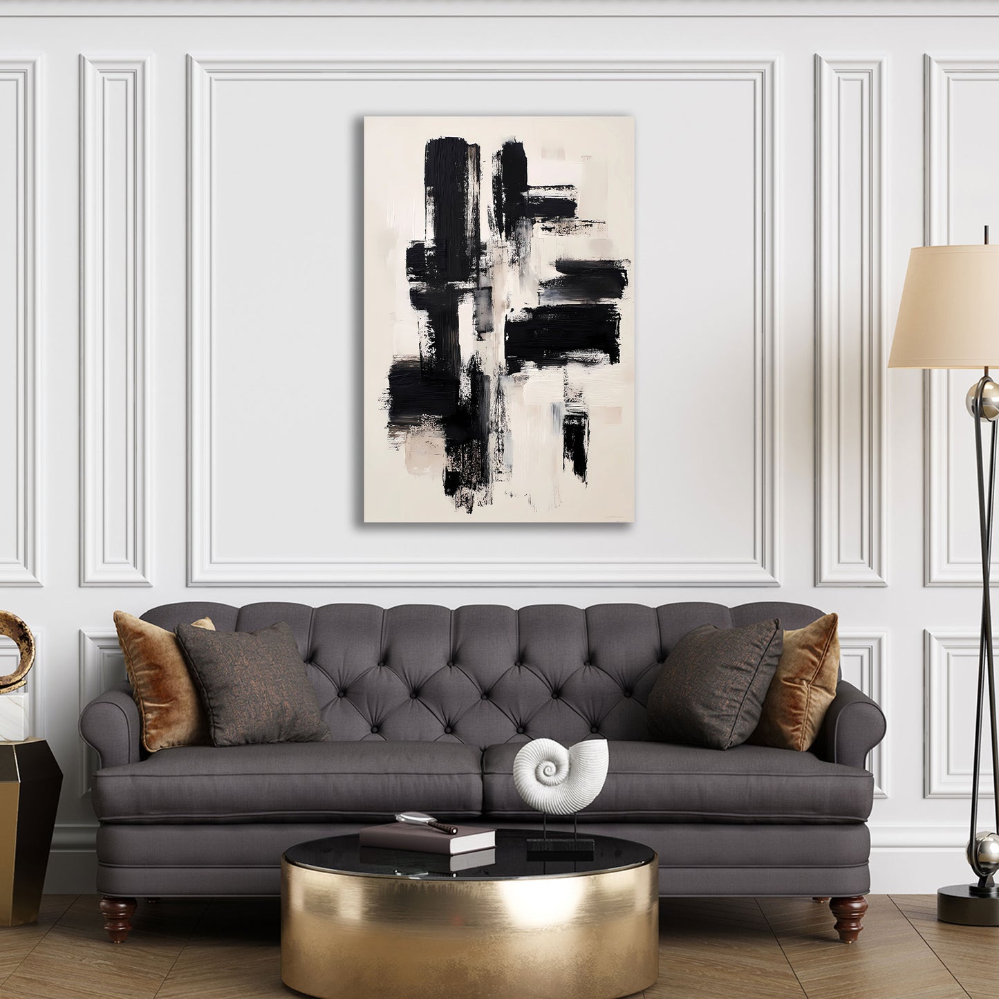 Pennellate astratte nero bianco beige composizione minimal quadro