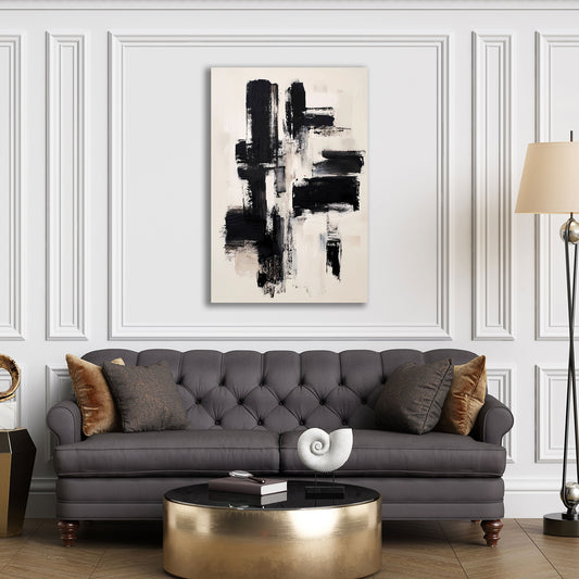 Pennellate astratte nero bianco beige composizione minimal quadro
