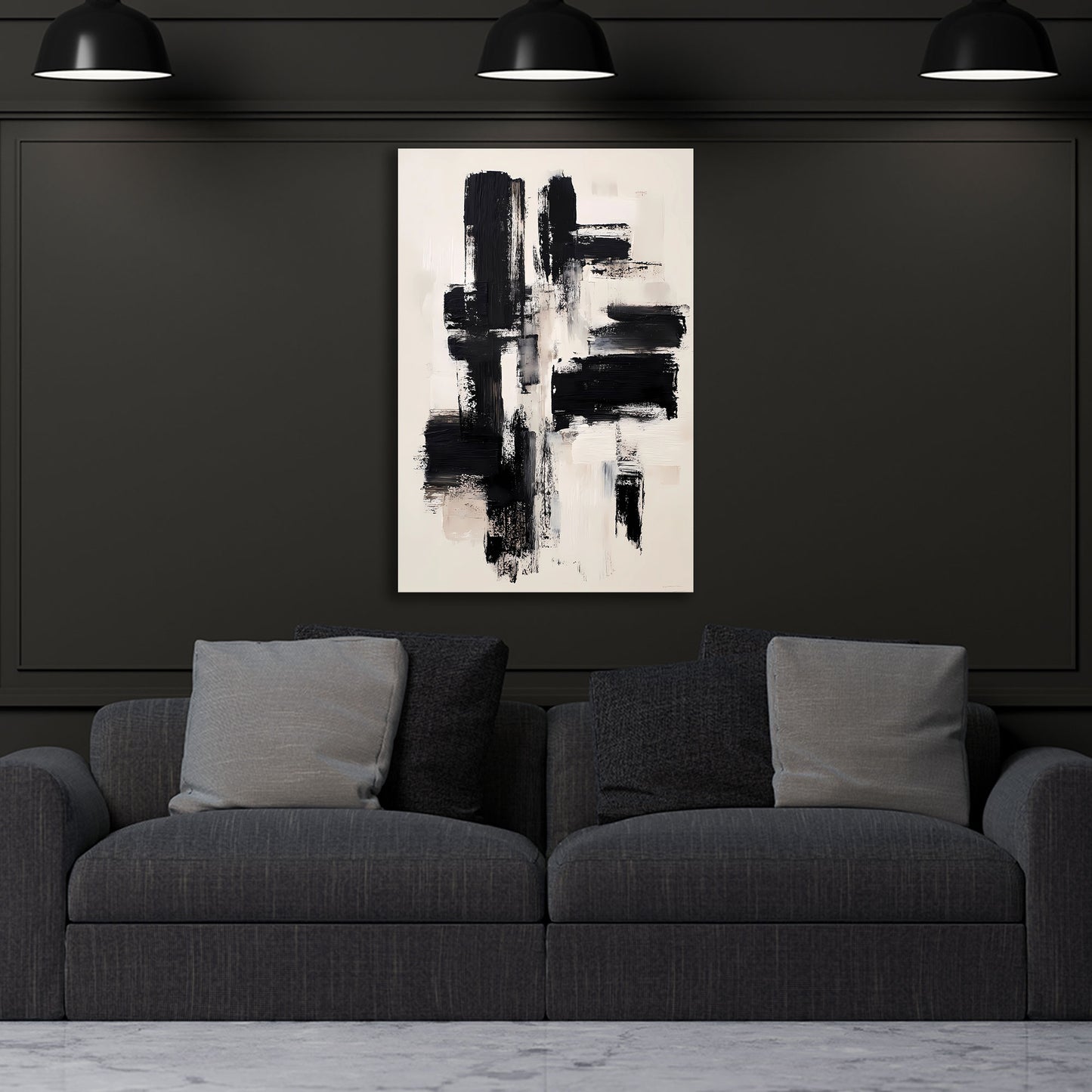 Pennellate astratte nero bianco beige composizione minimal quadro