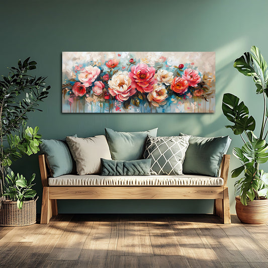 Quadro panorama peonie in soggiorno