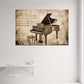 Pianoforte a coda circondato da spartiti in tono sepia quadro
