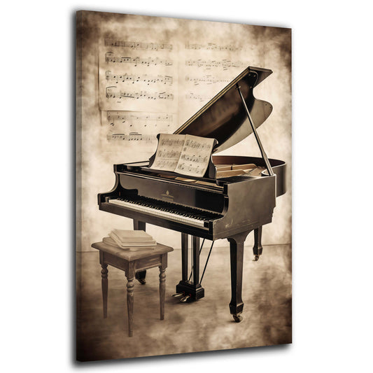 Pianoforte a coda vintage con spartito musicale sepia quadro