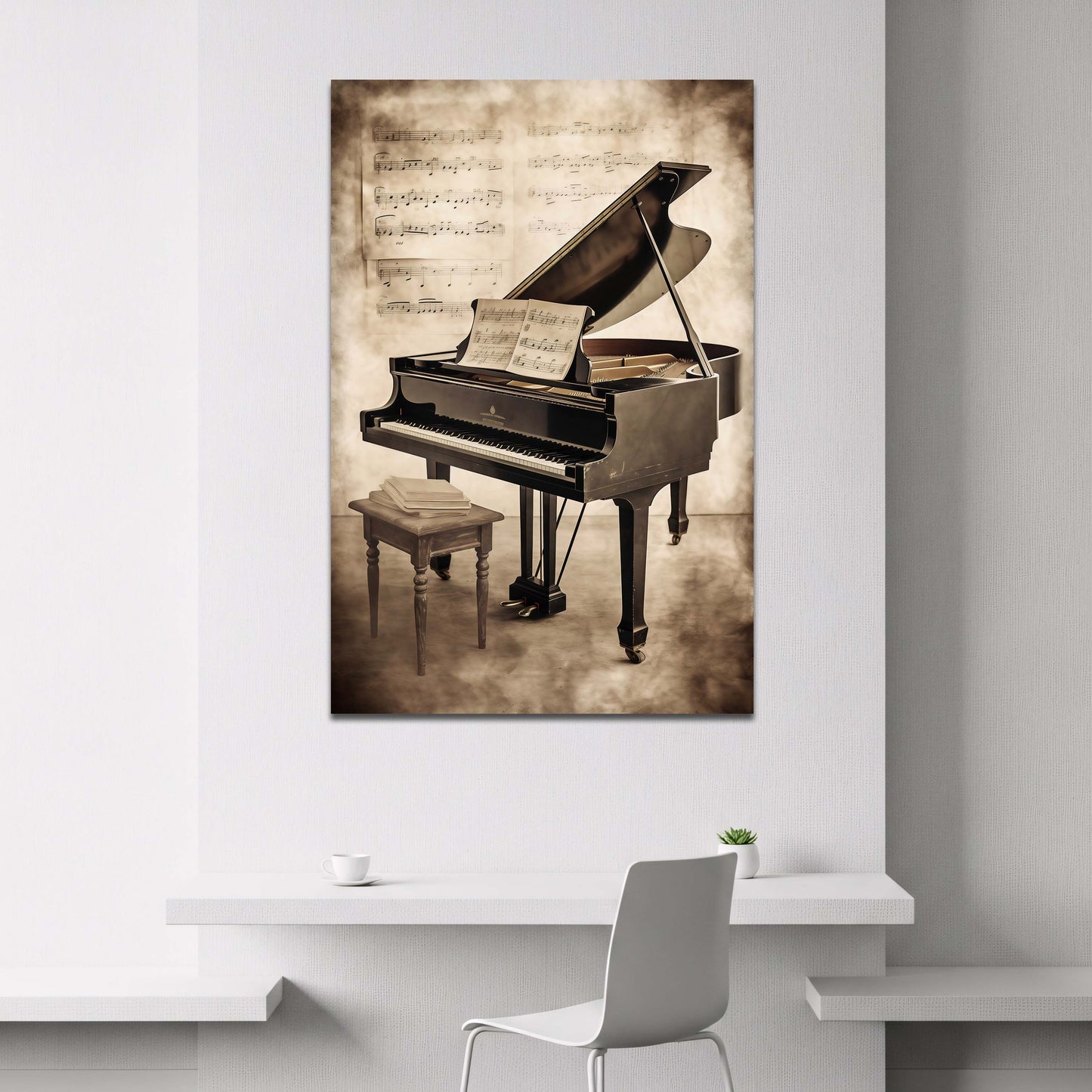 Pianoforte a coda vintage con spartito musicale sepia quadro