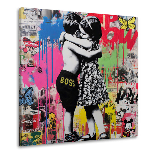 Pop Art bambini abbraccio amore collage colorato graffiti quadro