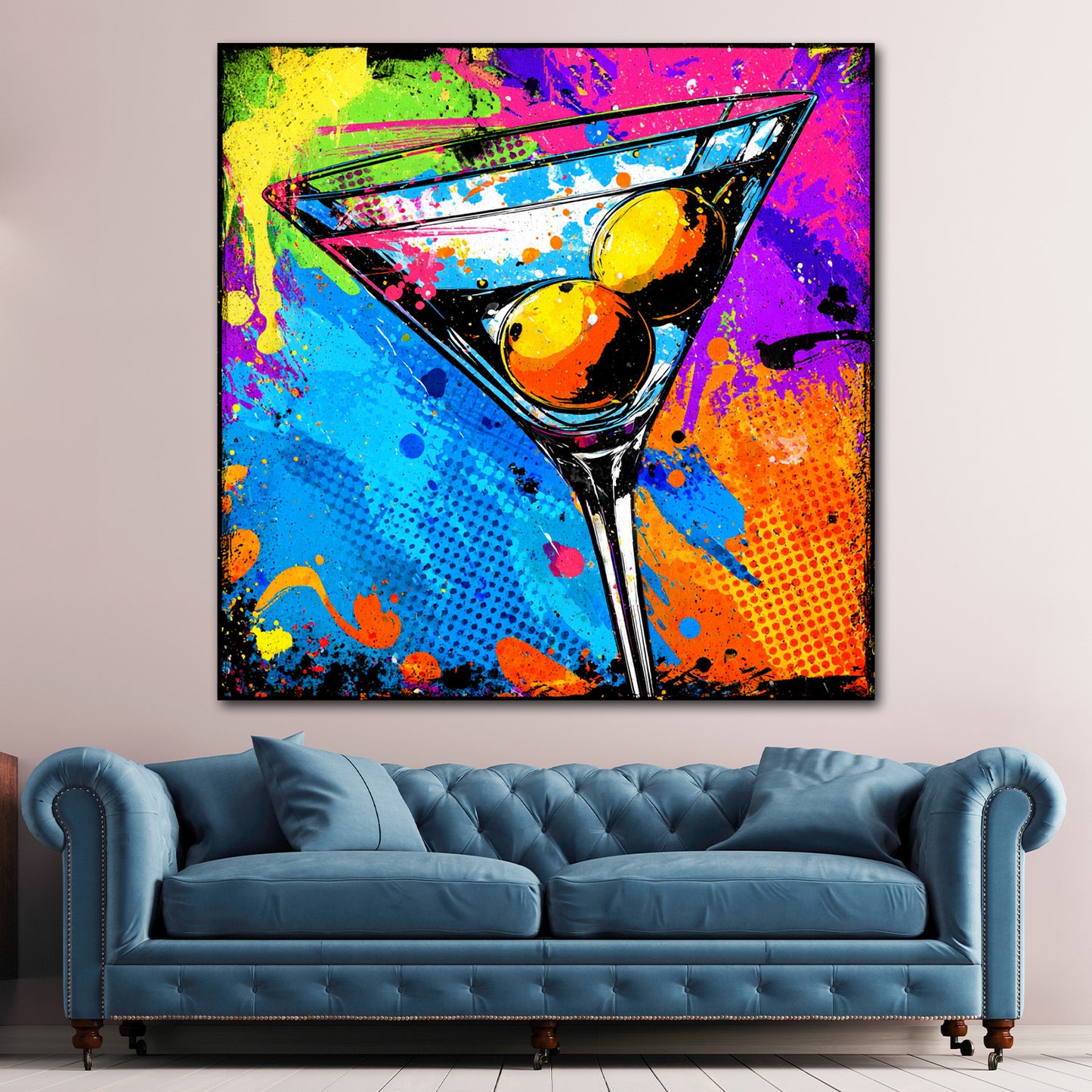 Pop Art bicchiere cocktail colorato con olive quadro