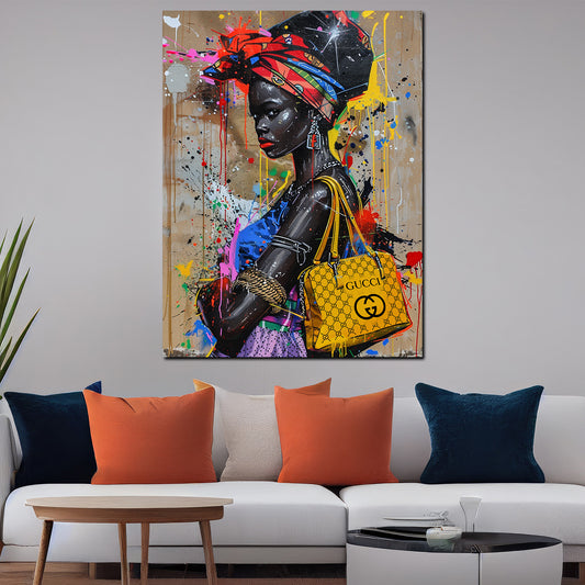 Pop Art donna africana con borsa lusso e turbante quadro
