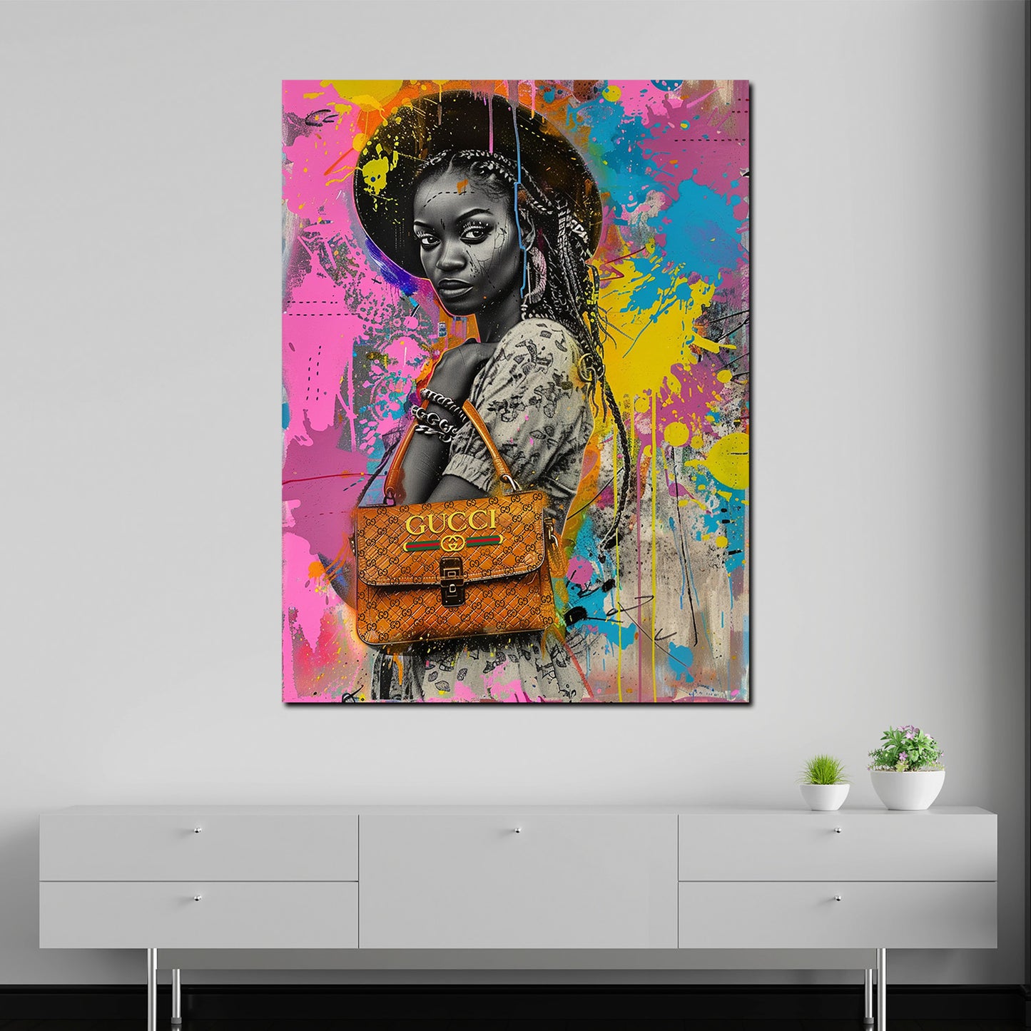 Pop Art donna africana elegante con borsa di lusso quadro