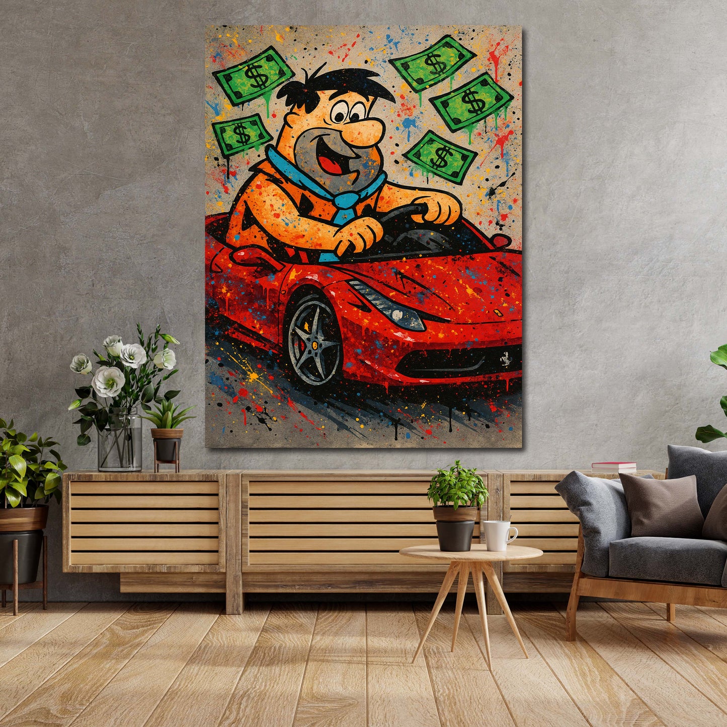 Pop Art Fred personaggio cartoon soldi auto sportiva quadro