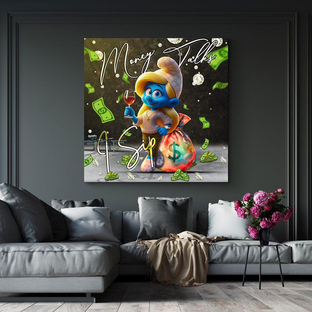 Pop Art puffetta con borsa di soldi vino e lusso quadro