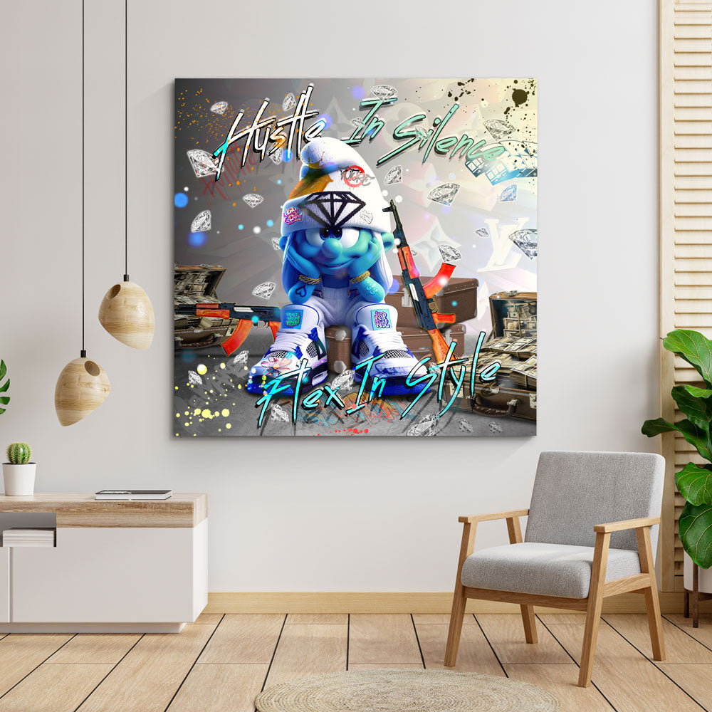 Pop Art puffo con diamanti armi e soldi quadro