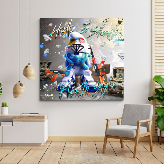 Pop Art puffo con diamanti armi e soldi quadro