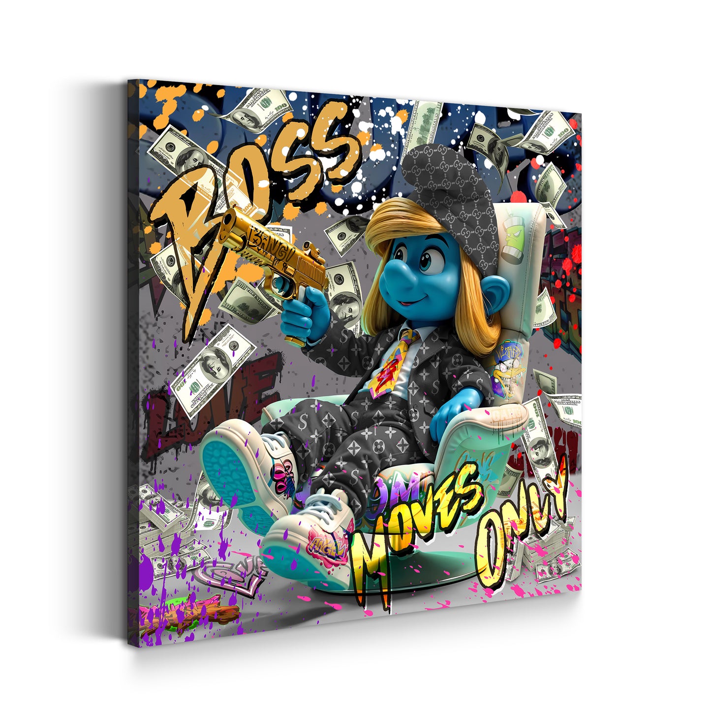 Pop Art puffo ricco con soldi e vestito di lusso quadro