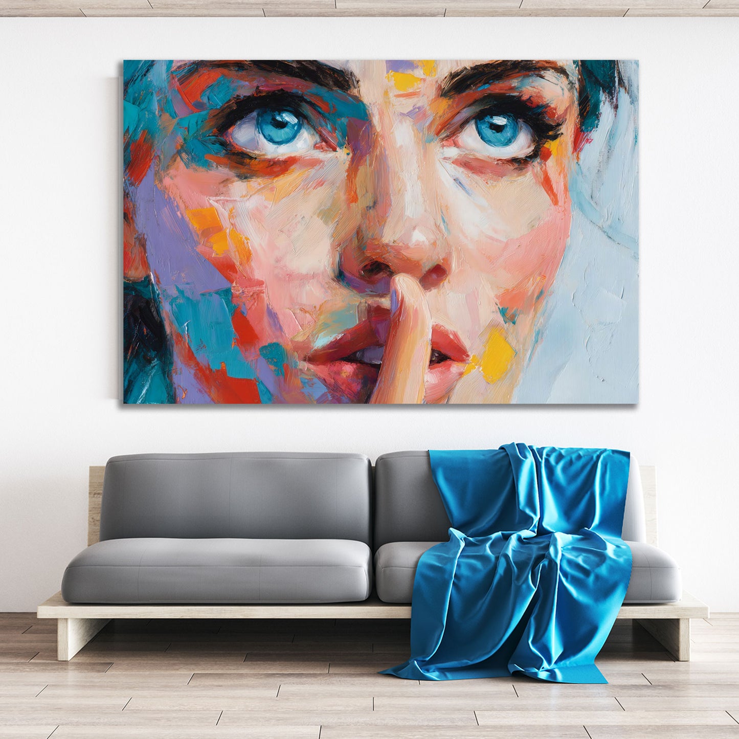 Pop Art ritratto donna colorato occhi blu dito sulle labbra arte quadro