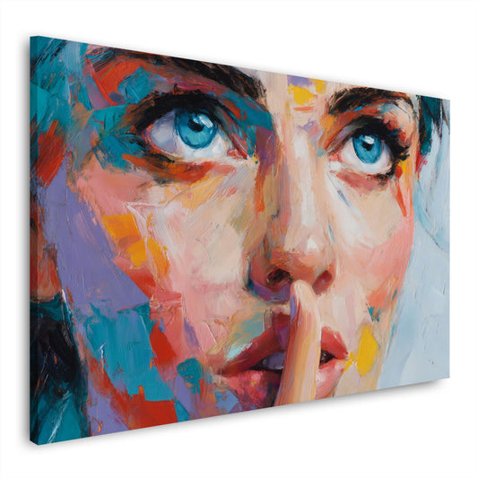 Pop Art ritratto donna colorato occhi blu dito sulle labbra arte quadro