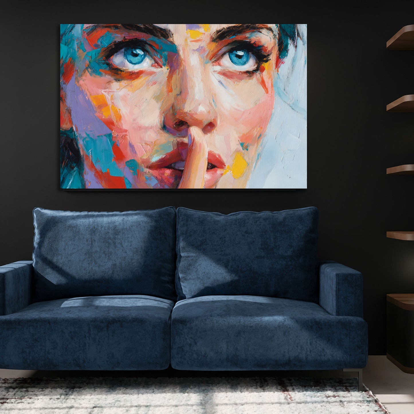 Pop Art ritratto donna colorato occhi blu dito sulle labbra arte quadro