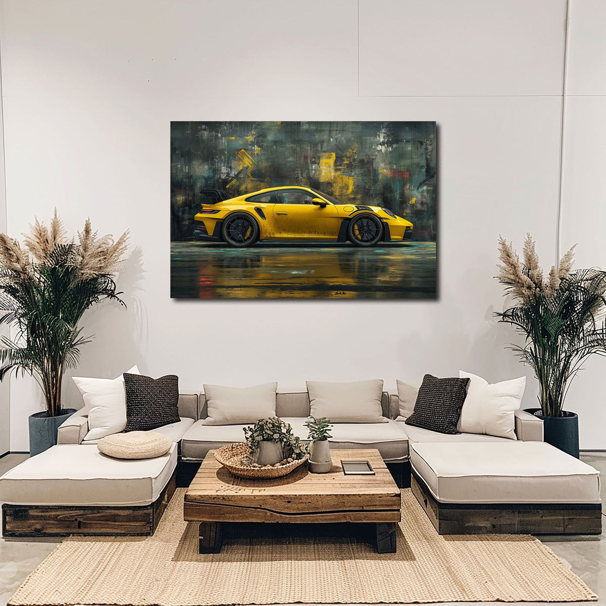 Porsche gialla vista di lato con sfondo urbano astratto quadro