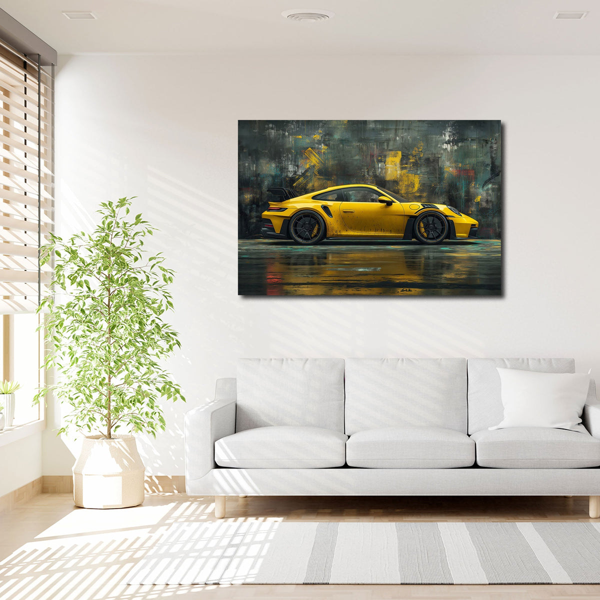 Porsche gialla vista di lato con sfondo urbano astratto quadro
