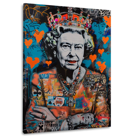 Queen con corona e cuori in collage Street Art colorato quadro