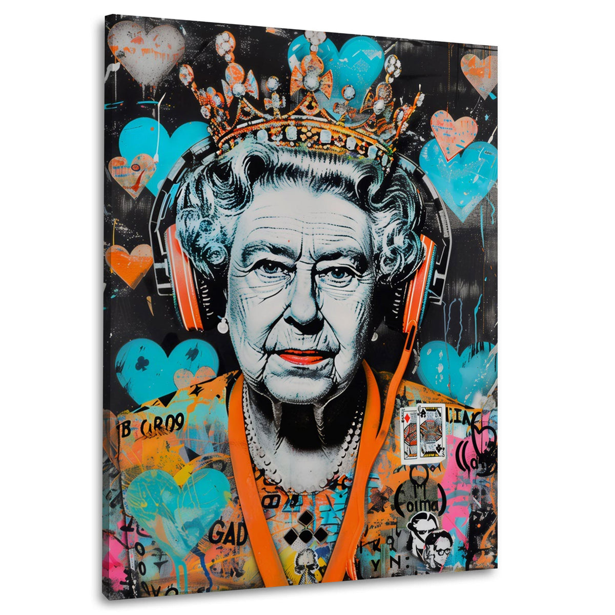 Queen con cuffie e corona in stile Graffiti Pop Art quadro