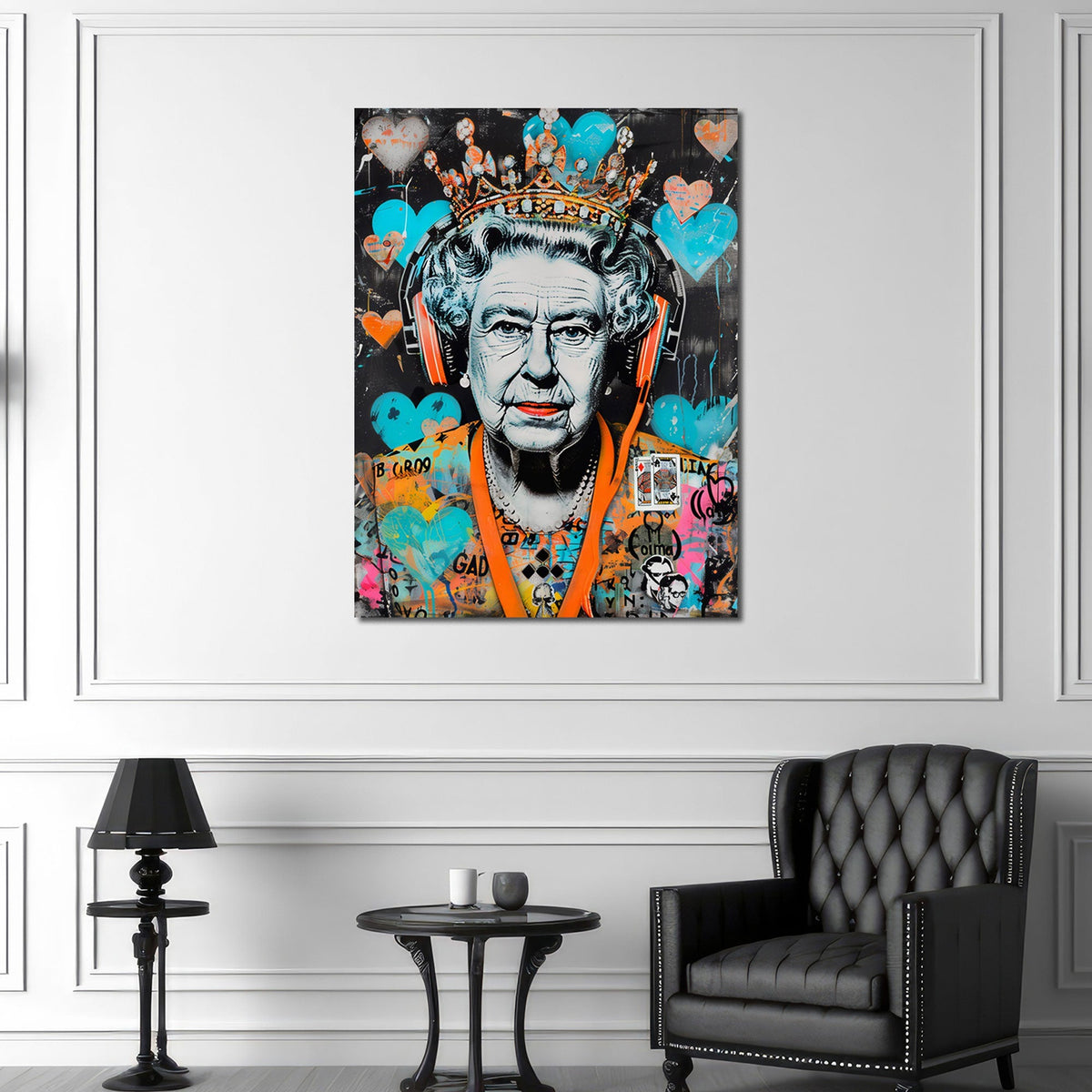 Queen con cuffie e corona in stile Graffiti Pop Art quadro
